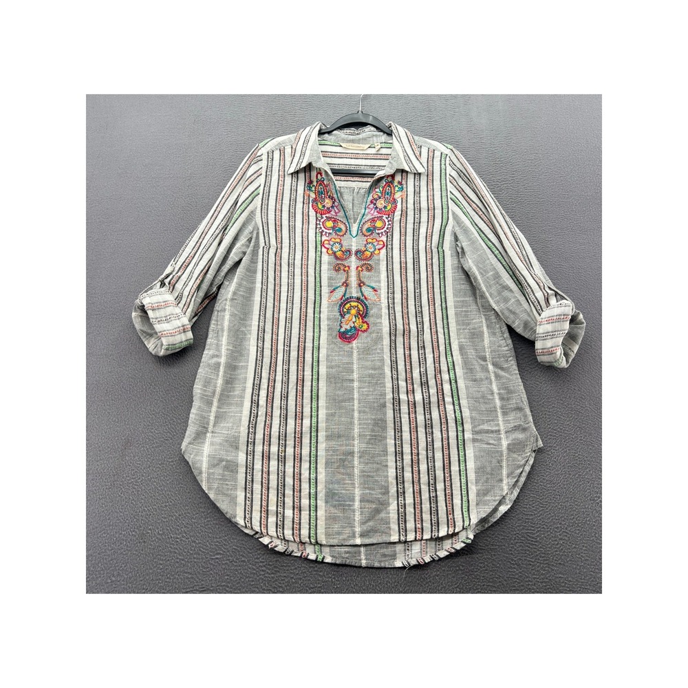Soft Surroundings Shirt Womens M Embroidered Striped Tunic Grey Boho Roll Tab